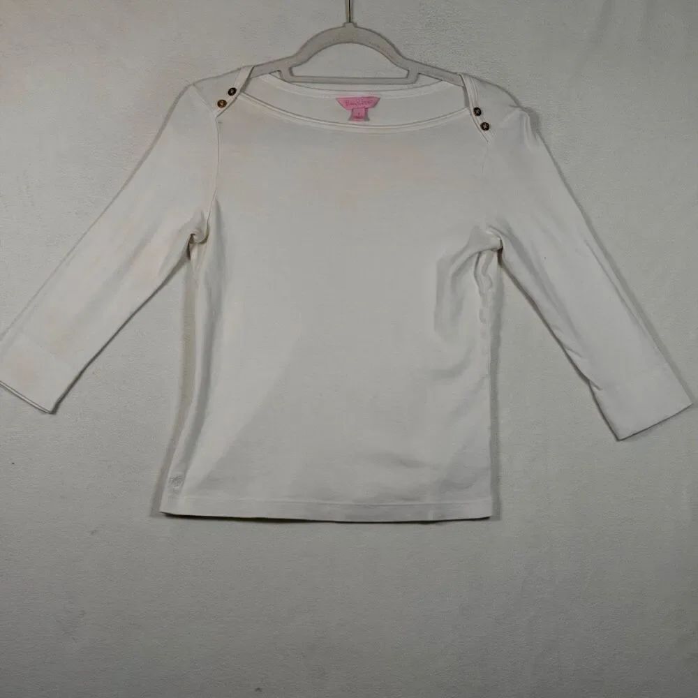 Lilly Pulitzer Womens White Top Size S Boat Neck 3/4 Sleeve Cotton Classic